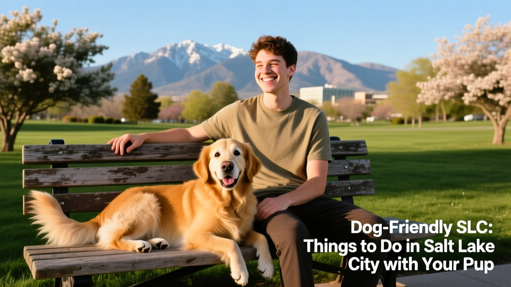 A person sitting on a park bench with their relaxed, happy dog nearby