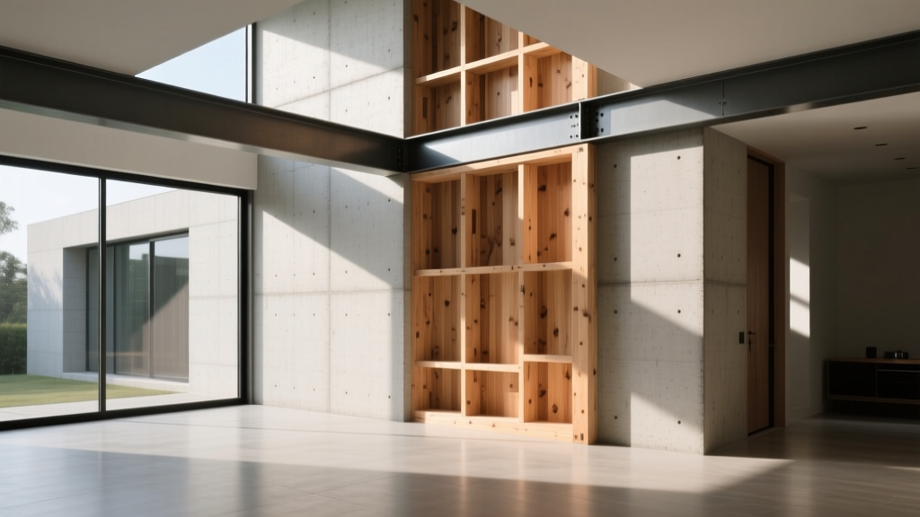 Architectural rendering showing exposed timber framing, poured concrete walls, and structural steel beams side-by-side in a modern build.