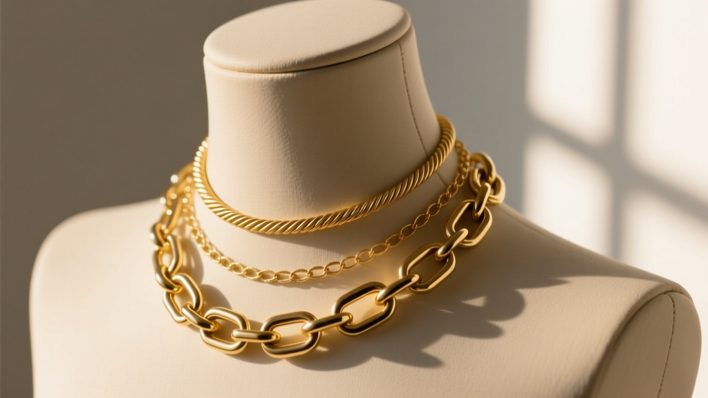 Close-up of a layered gold necklace setup inspired by Madison Beer, featuring a delicate 14k gold cable chain and a chunky gold-filled paperclip chain on a mannequin neck