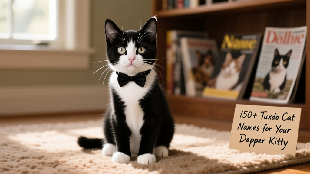 An adorable black-and-white tuxedo kitten blinking curiously, seated on a soft neutral rug