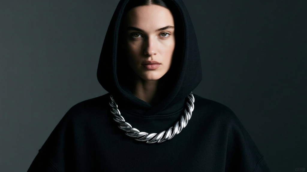 Model wearing a 24-inch oxidized silver TTGL drill necklace over a heavyweight black cotton hoodie in moody studio lighting
