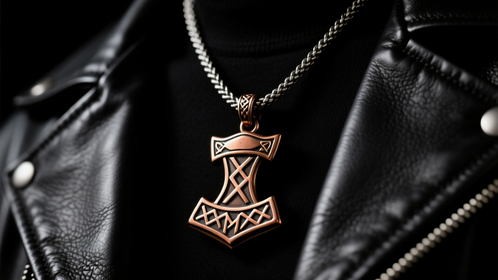 Close-up of a heavy bronze Mjolnir pendant on a 4mm steel rope chain against a dark leather jacket in moody lighting.
