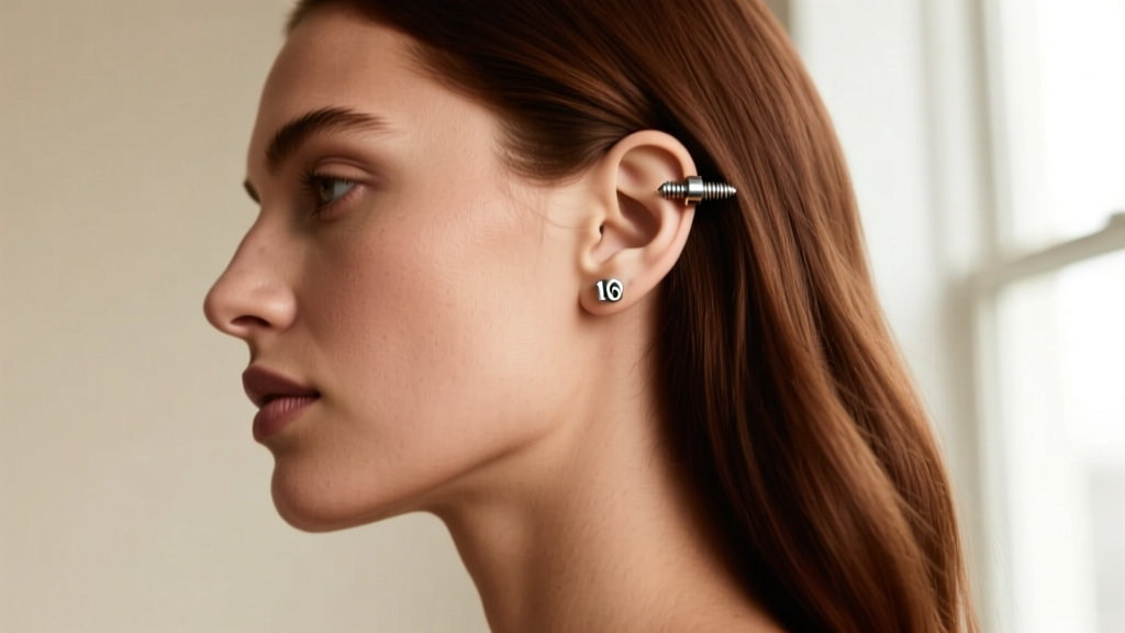 Side profile of a woman wearing a thick 16-gauge titanium screw-back stud, highlighting the secure threaded mechanism on the lobe.