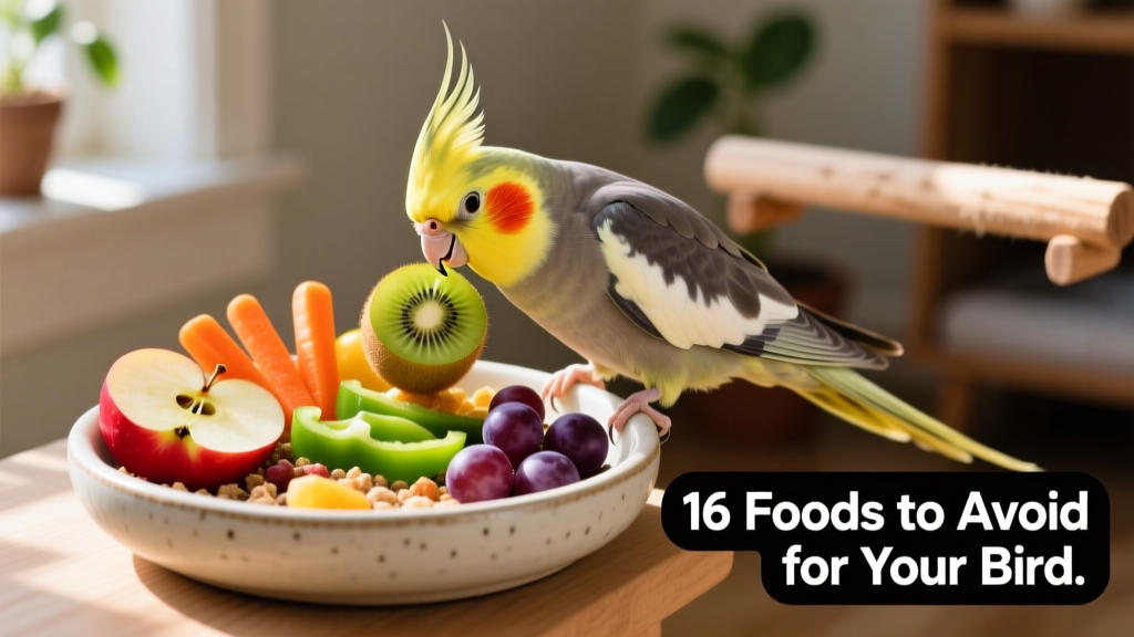 Happy, healthy cockatiel eating from a clean ceramic dish filled with colorful, safe fruits and vegetables—symbolizing responsible feeding
