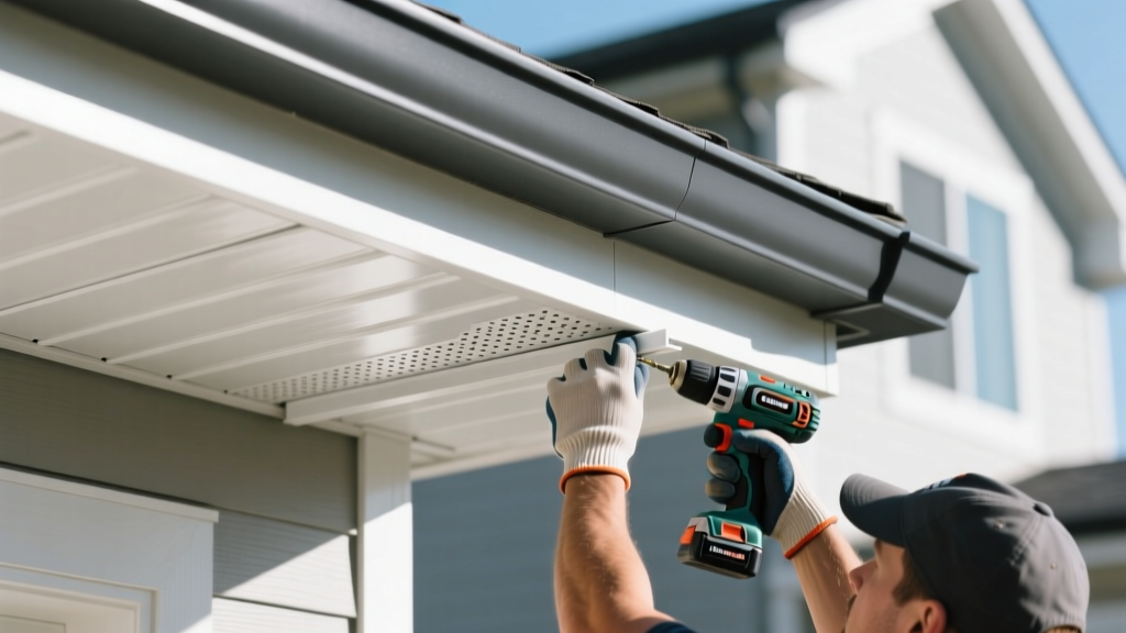 Close-up of a contractor installing white perforated aluminum soffit panels under a modern dark gray roof eave on a sunny day