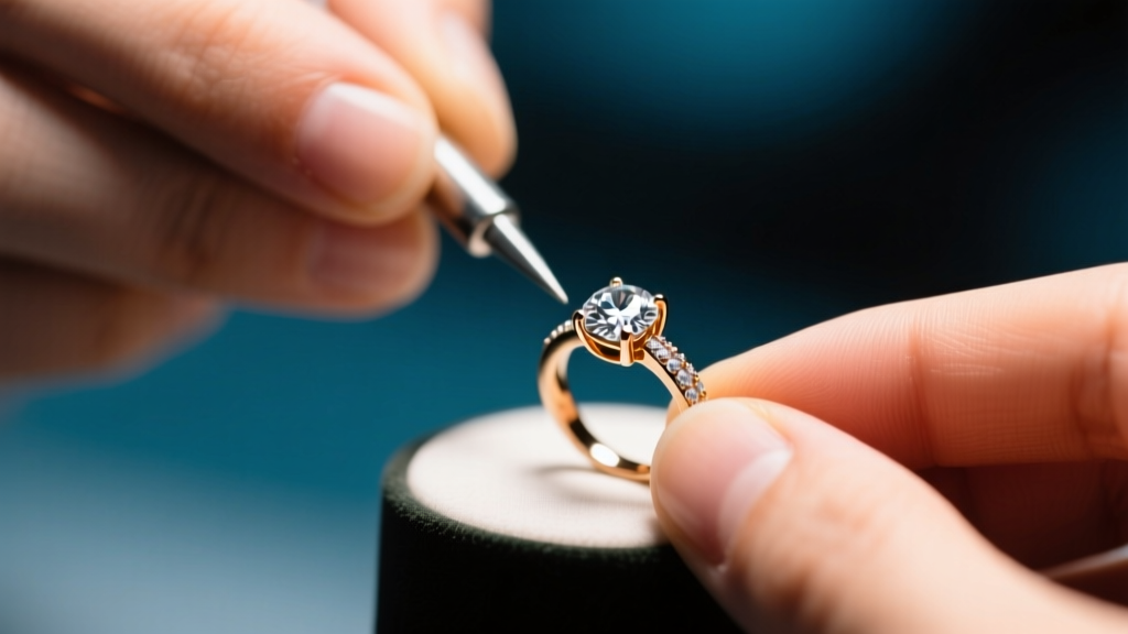 Macro shot of a jeweler's loupe examining a tiny 585 hallmark stamped on the clasp of a 14k yellow gold rope chain necklace.