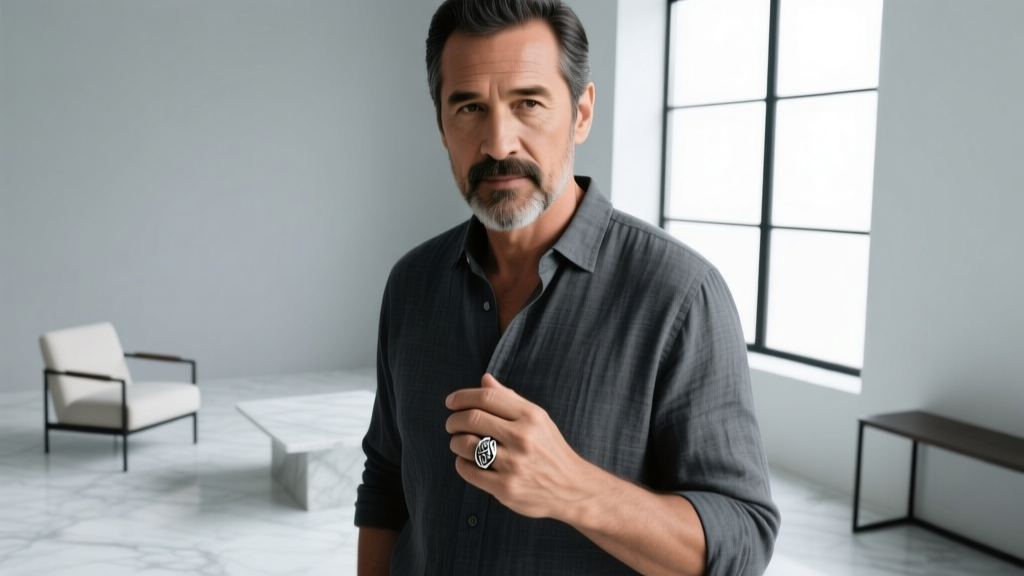 Man wearing a 2-inch oxidized sterling silver men