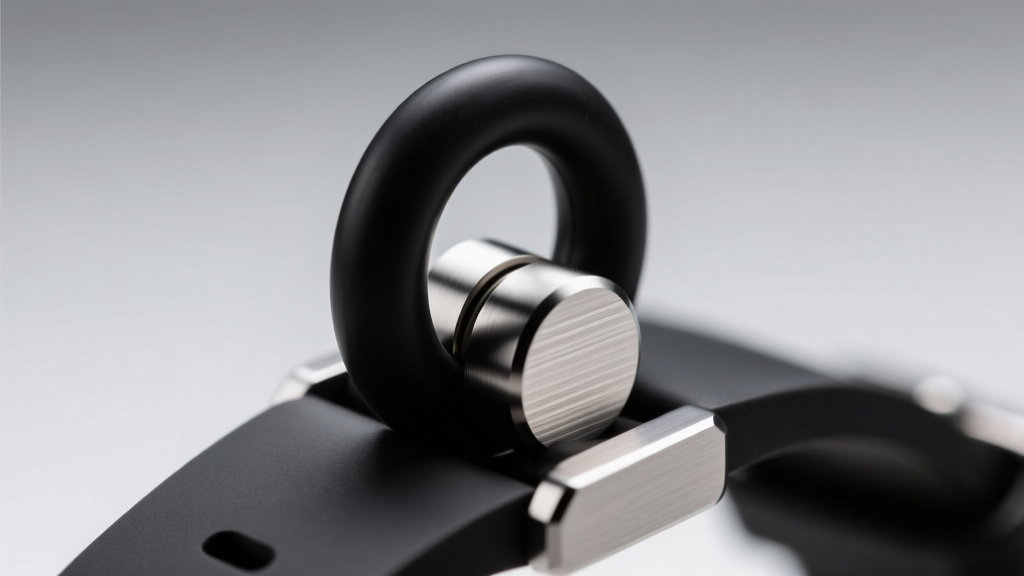 Macro photography of a black silicone O-ring being inserted into a brushed titanium slider bead on a men