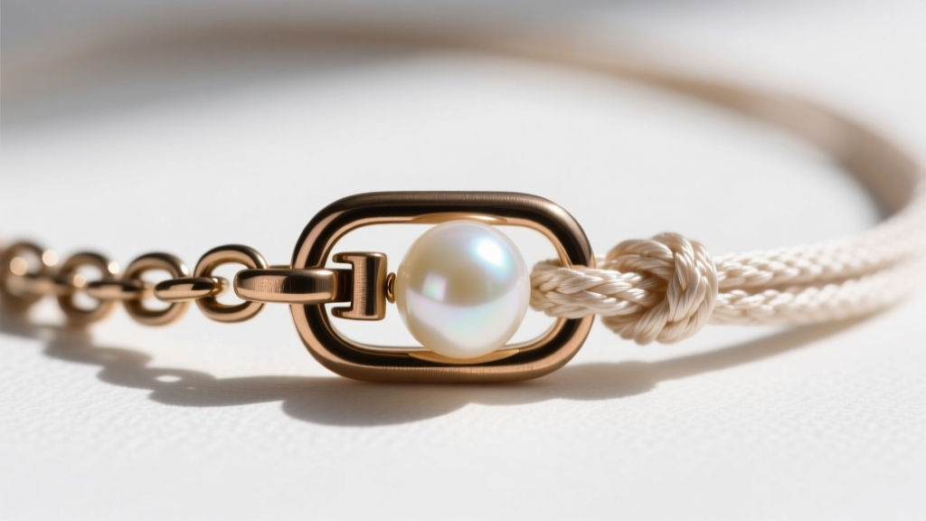 Close-up of a 14-gauge phosphor bronze rolo chain clasp securing a knotted silk cord with a round cream pearl pendant.