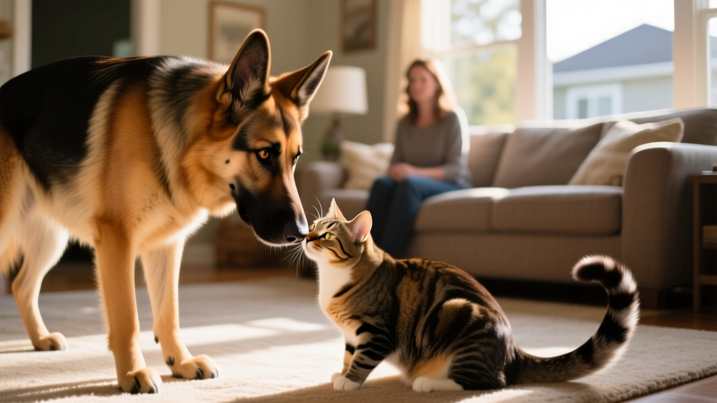 Happy German Shepherd gently sniffing a relaxed cat under supervision, both pets calm and comfortable