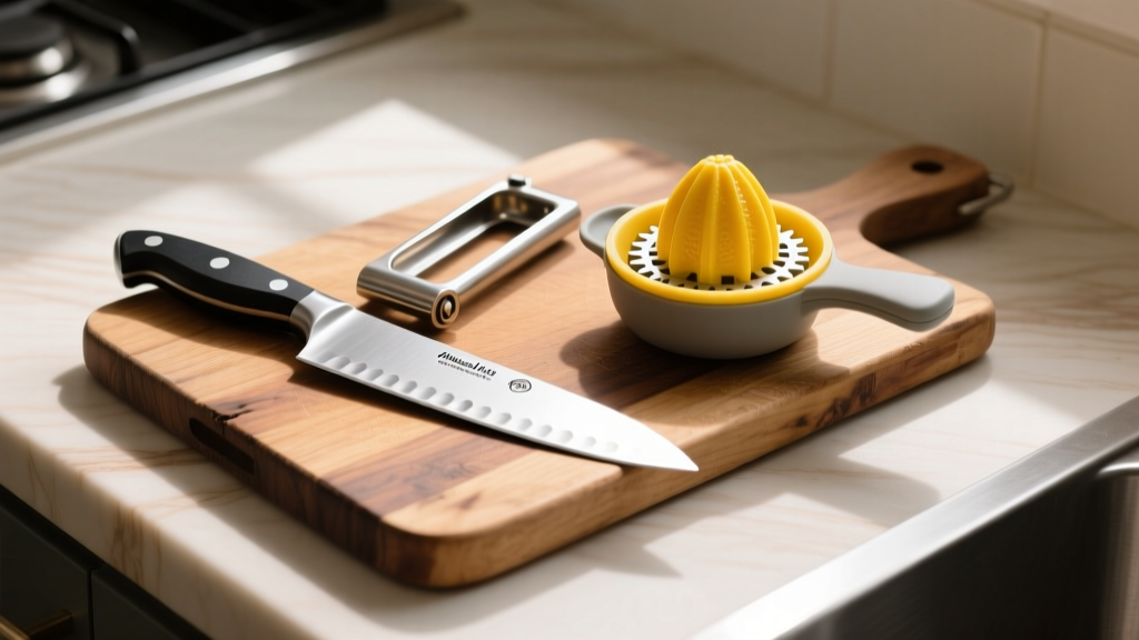 Overhead view of a kitchen counter displaying budget-friendly ergonomic meal prep tools including a dual-blade mezzaluna rocker knife and a gear-driven citrus juicer arranged on a wooden cutting board