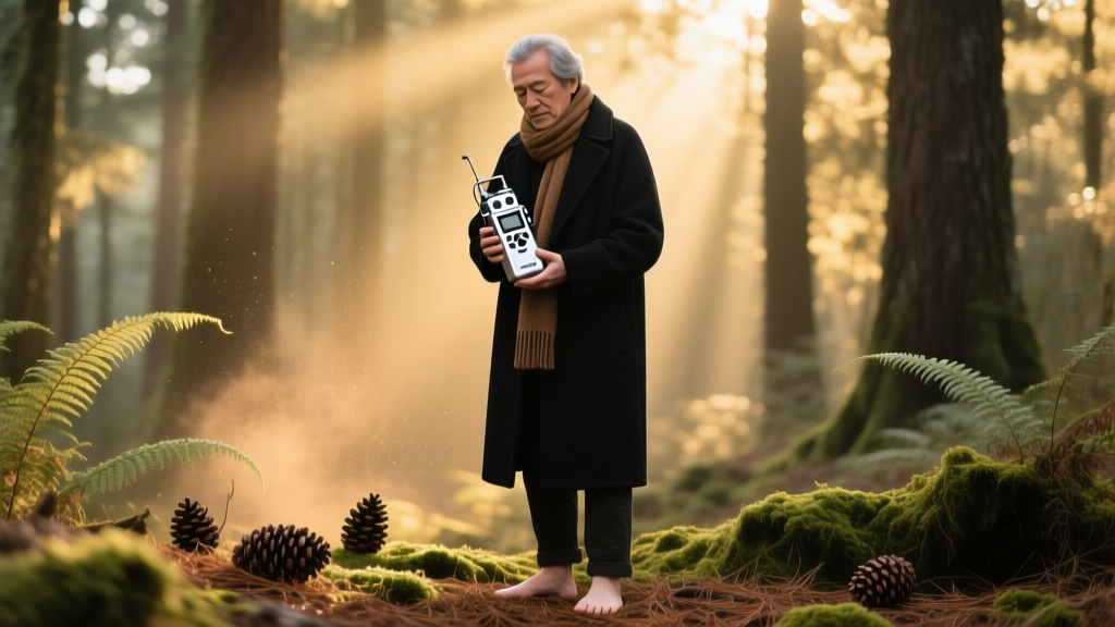Musician holding a silver Zoom H1essential portable recorder in a pine forest capturing ambient nature sounds for a cinematic film score