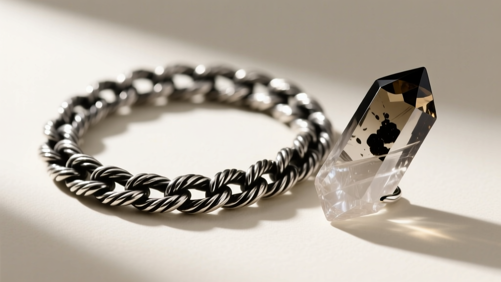 Macro shot of a 925 sterling silver rope chain with deep liver of sulfur oxidation contrasting against raw smoky quartz.