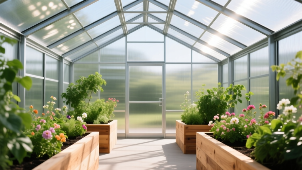 Sunlight filtering through 8mm twin-wall polycarbonate panels on a powder-coated aluminum greenhouse frame with raised cedar beds