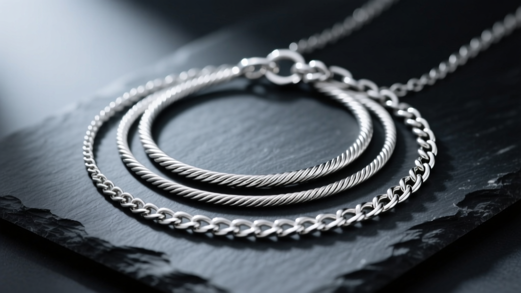 Layered 925 sterling silver necklace chains in cable and curb styles on dark slate under soft, moody directional studio lighting