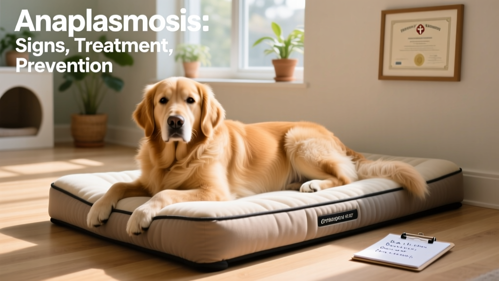 Dog resting comfortably on a soft orthopedic bed, illustrating supportive rest during recovery