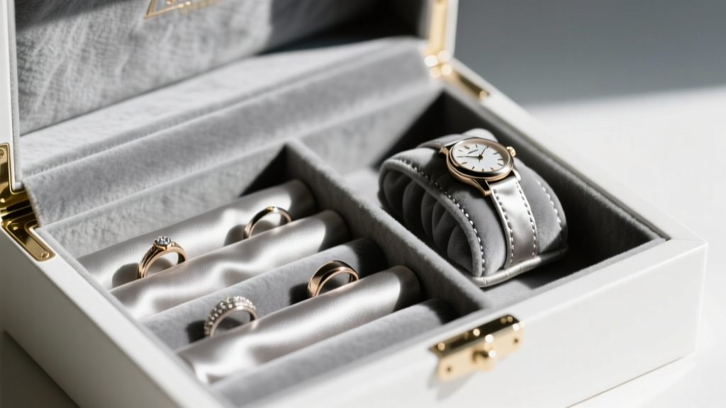 Close-up of white jewelry box interior with plush gray anti-tarnish velvet lining, ring rolls, and padded watch storage cuffs.