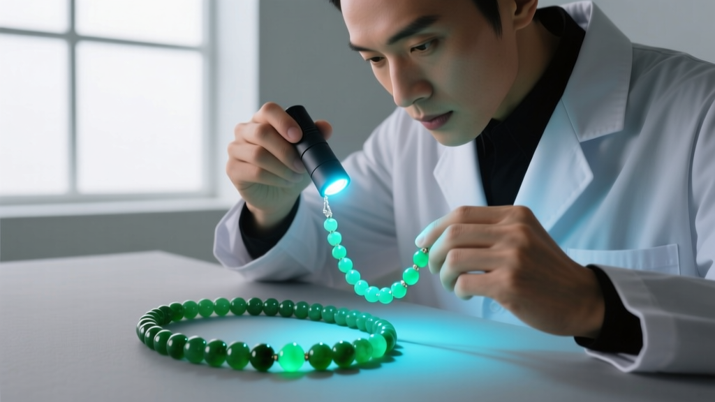 Jeweler using a UV flashlight on a jade beaded necklace, revealing polymer fluorescence in a treated Type B jadeite strand.