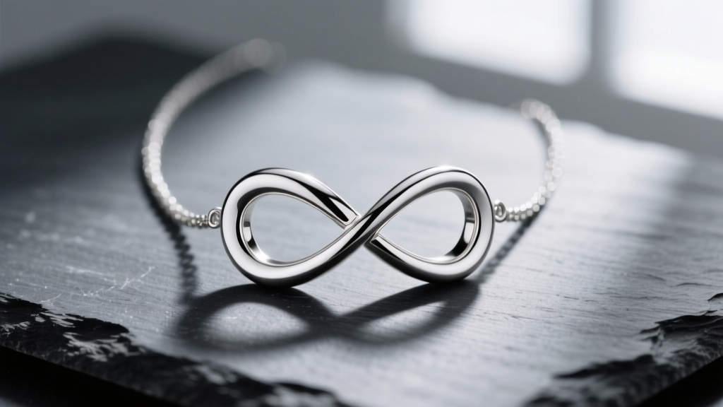 Close-up macro shot of an infinity heart sterling silver necklace resting on dark slate, highlighting the polished interlocking curves.