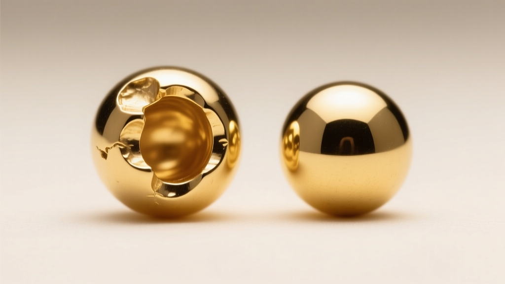 Macro photography comparing a hollow dented 18k gold bead next to a pristine solid 14k gold bead under bright studio lighting