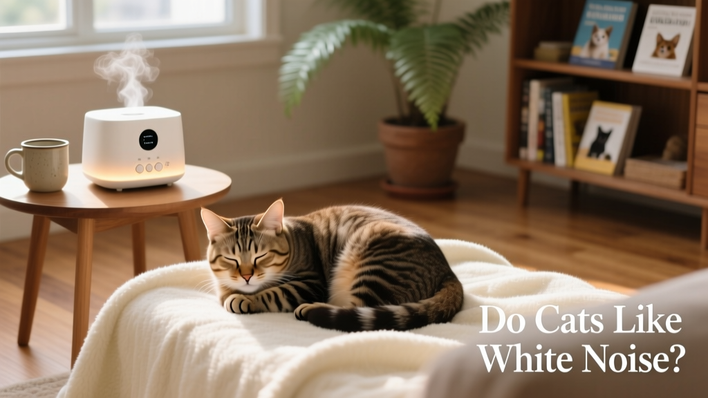 A relaxed cat curled up on a soft blanket near a small white noise machine