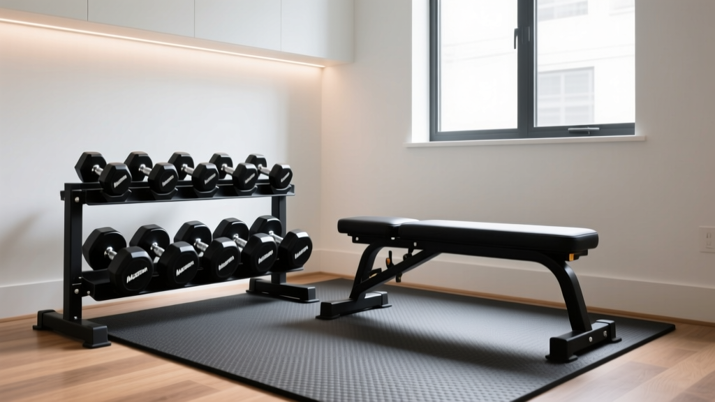 Compact home gym corner with black steel McGregor adjustable dumbbells resting on a low-profile rubber mat next to a foldable weight bench