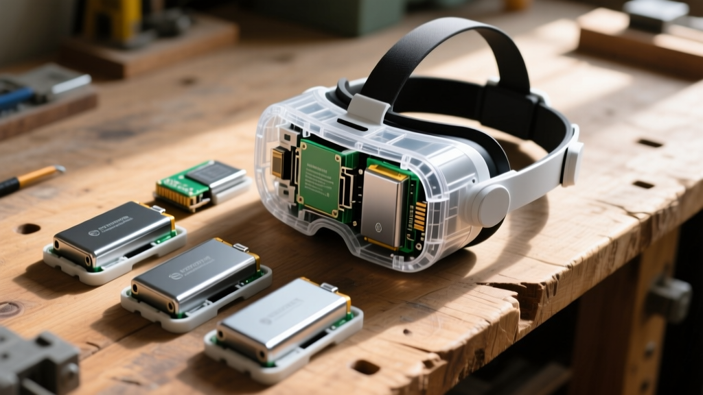 Disassembled VR headset highlighting modular battery components and recycled plastic housing on a wooden workbench.