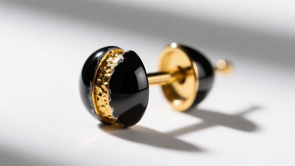 Macro shot of a black rhodium earring post showing wear at the friction groove, revealing the yellow gold base metal underneath.