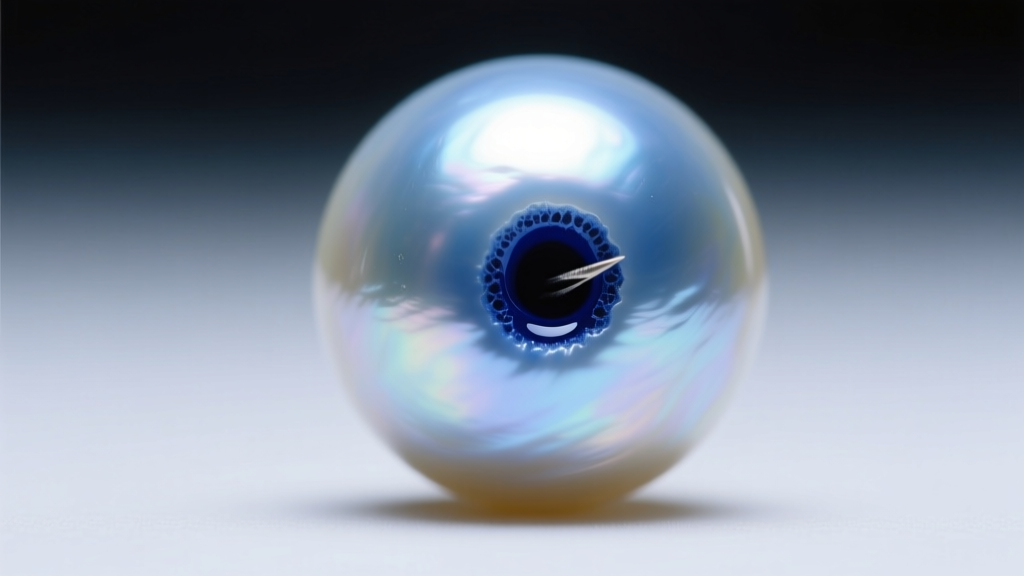 Macro shot of a single dyed blue freshwater pearl showing concentrated dark blue dye pooling inside the microscopic drill hole