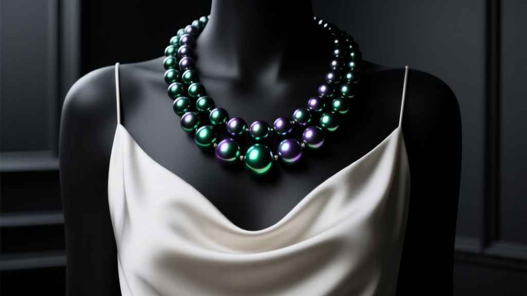 A 16-inch Tahitian black pearl necklace draped over a silk slip dress, showcasing deep peacock overtones in dim, moody lighting