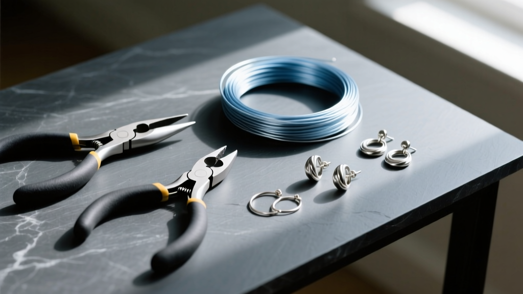 Flat lay of earring making tools, nylon pliers, flush cutters, 20-gauge niobium wire, and silver ear wires on a dark slate desk