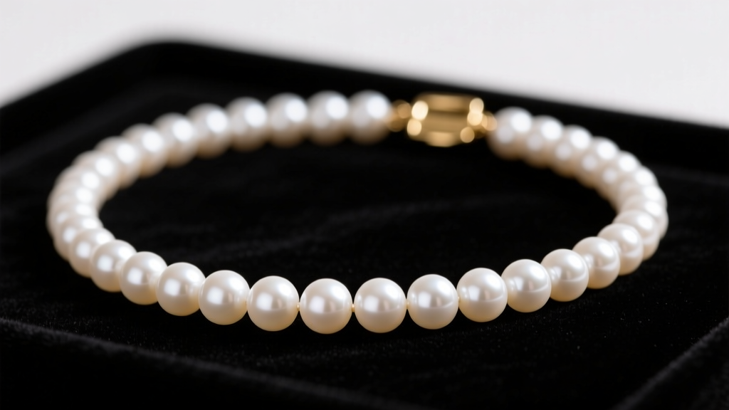 Close-up of a white Akoya pearl necklace on dark velvet, highlighting mirror luster and a 14k gold clasp under soft lighting.