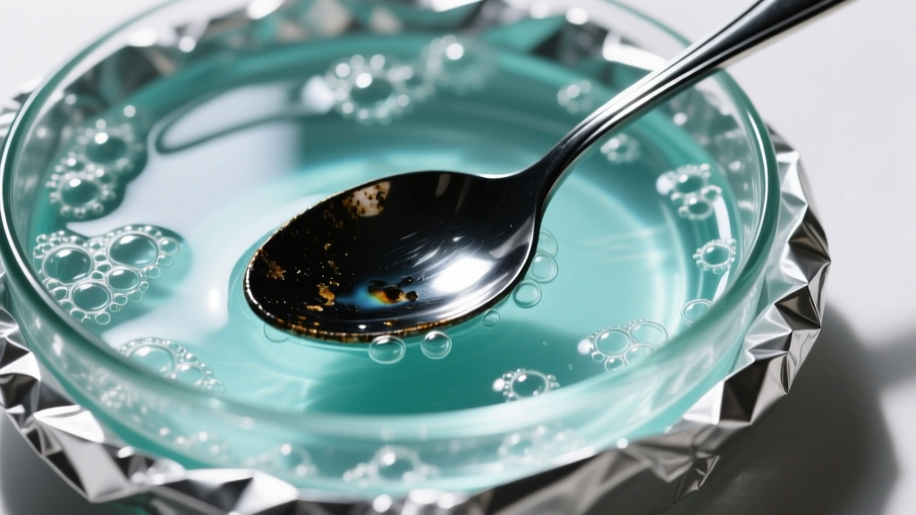 Bubbling hot electrolytic bath in a glass dish lined with aluminum foil, showing a blackened silver spoon turning bright shiny