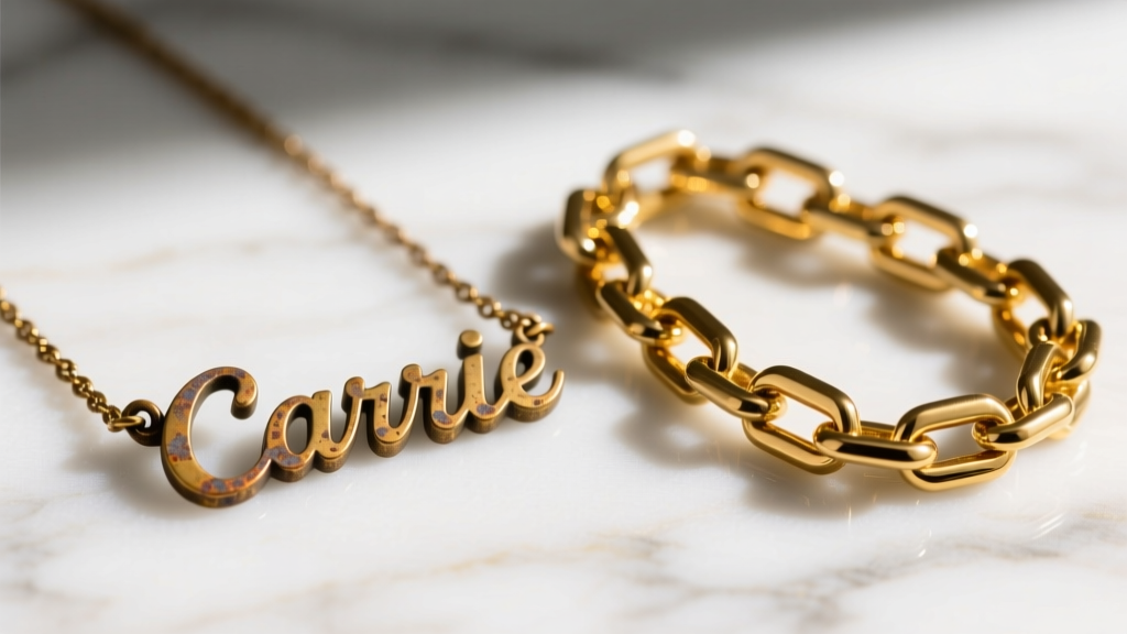 Tarnished brass Carrie name necklace chain next to a pristine 14k solid gold box chain resting on a white marble surface