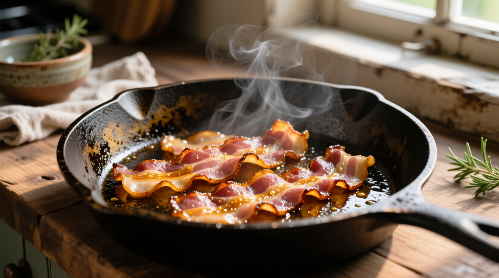 Crispy golden pancetta slices in cast iron skillet