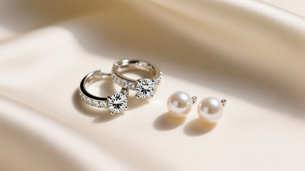 Diamond huggies and Akoya pearl studs on cream silk, soft warm lighting, top-down elegant jewelry gift guide aesthetic