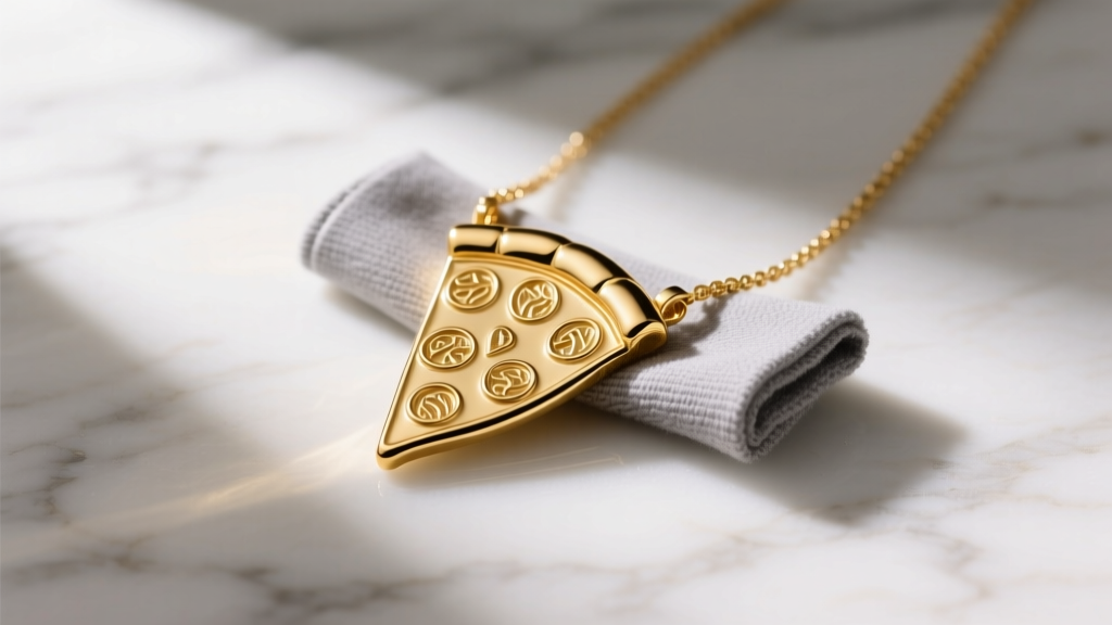 Gold-plated enamel pizza necklace on white marble, gently polished with a soft grey microfiber cloth under warm studio lighting.