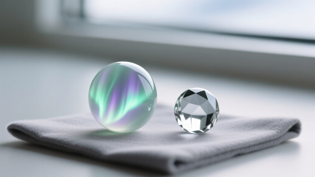 A cloudy Aurora Borealis coated crystal bead next to a fully restored one resting on a grey microfiber jewelry polishing cloth