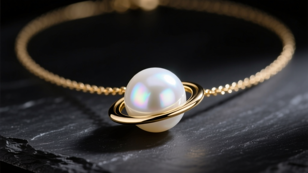 Close-up of a luminous white saturn pearl necklace with a 14k gold orbit ring on dark slate under soft studio lighting