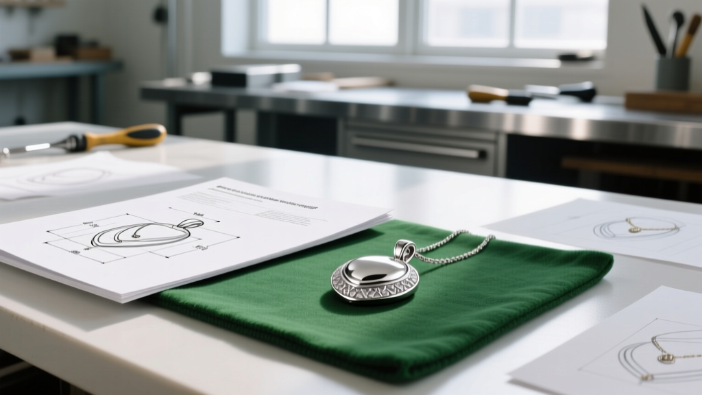 Printed tech pack PDF with dimensional callouts next to a sterling silver pendant on a green mat in a bright jewelry workshop.