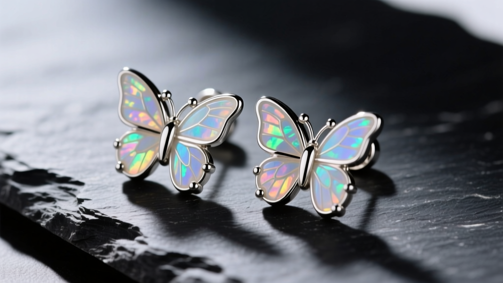 Macro shot of opal butterfly earrings on dark slate, highlighting iridescent play-of-color and sterling silver friction backs