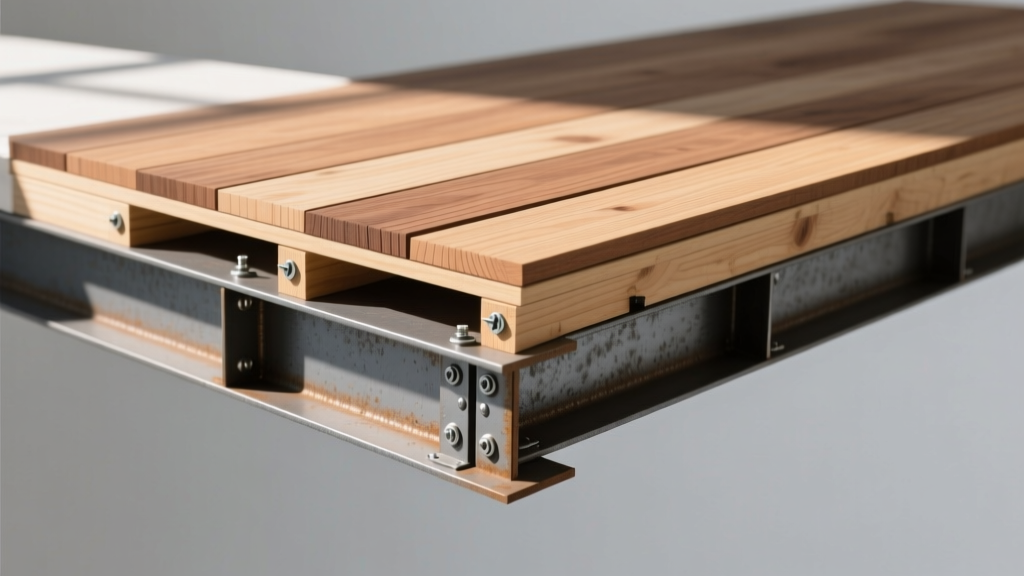 Cross-section diagram of a heavy timber wood floor assembly showing 3x6 tongue and groove decking, steel beams, and structural diaphragm fasteners