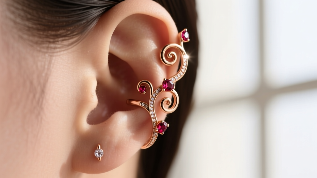 Profile of a 16g rose gold cartilage ear cuff shaped like a climbing floral vine with tiny ruby accents resting on the upper ear.