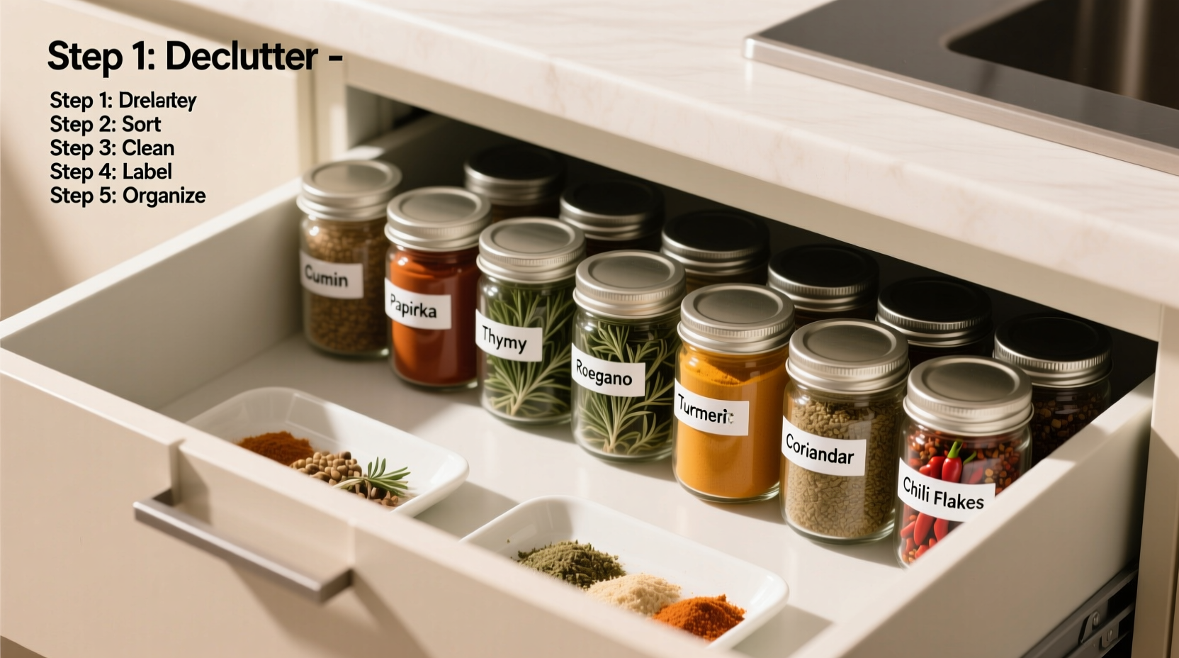 step by step guide to organizing your spice drawer like a minimalist chef