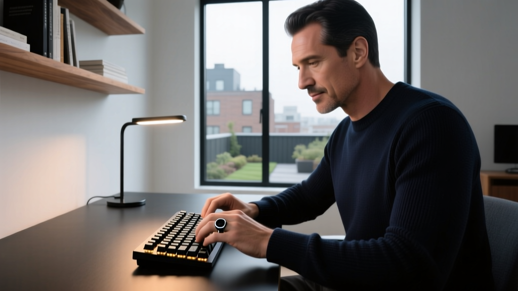 Man wearing a matte black titanium smart ring while adjusting a mechanical keyboard dial in a dimly lit modern home office setup