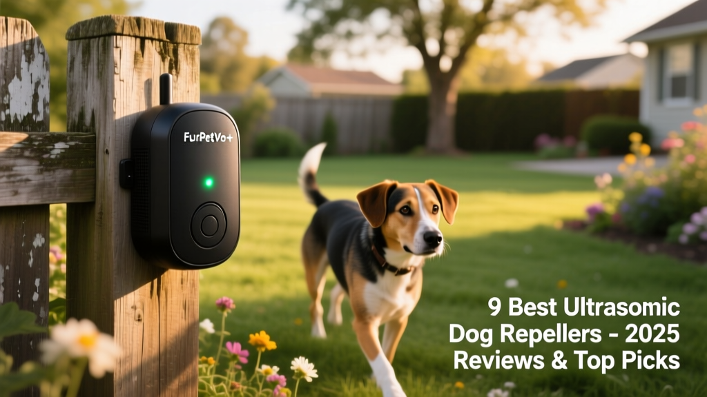 The FurPetVo Pro+ device mounted on a fence post, with a dog calmly walking past nearby