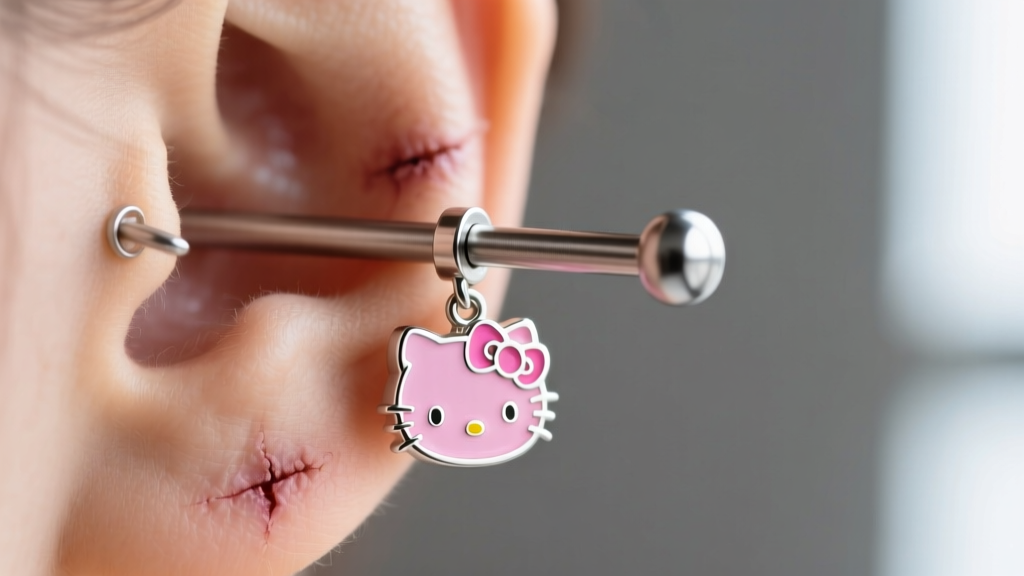 Close-up of a 14g titanium industrial barbell with a pink enamel Hello Kitty charm resting on a healed forward helix cartilage