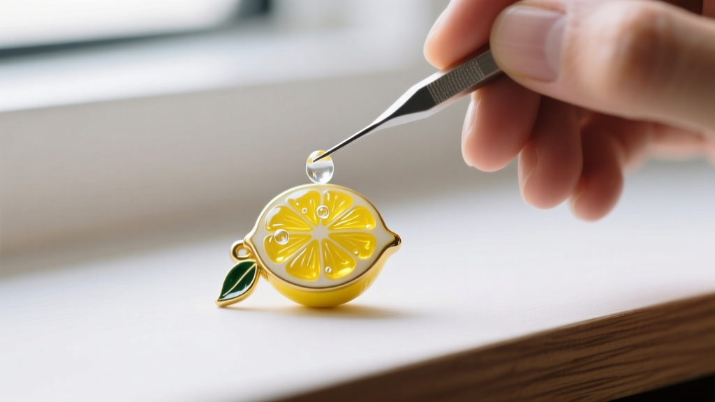 Macro shot of a jeweler using a fine toothpick to apply clear epoxy resin into a small chip on a yellow enamel lemon charm
