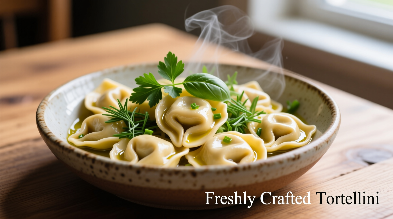 Perfectly cooked tortellini in serving bowl with fresh herbs