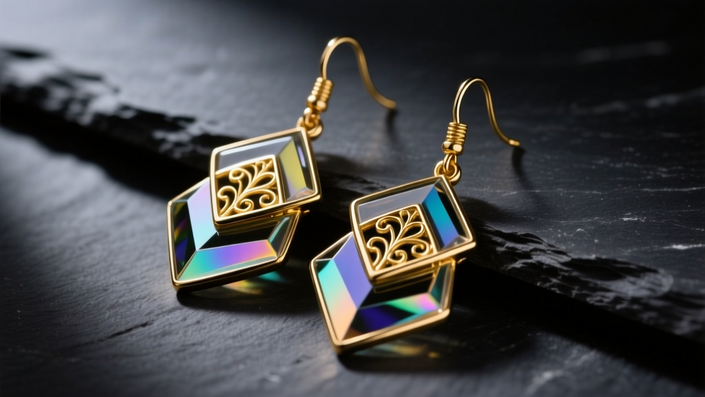 Bold artisan glass and gold-plated brass statement drop earrings on dark slate, macro photography with soft studio lighting.